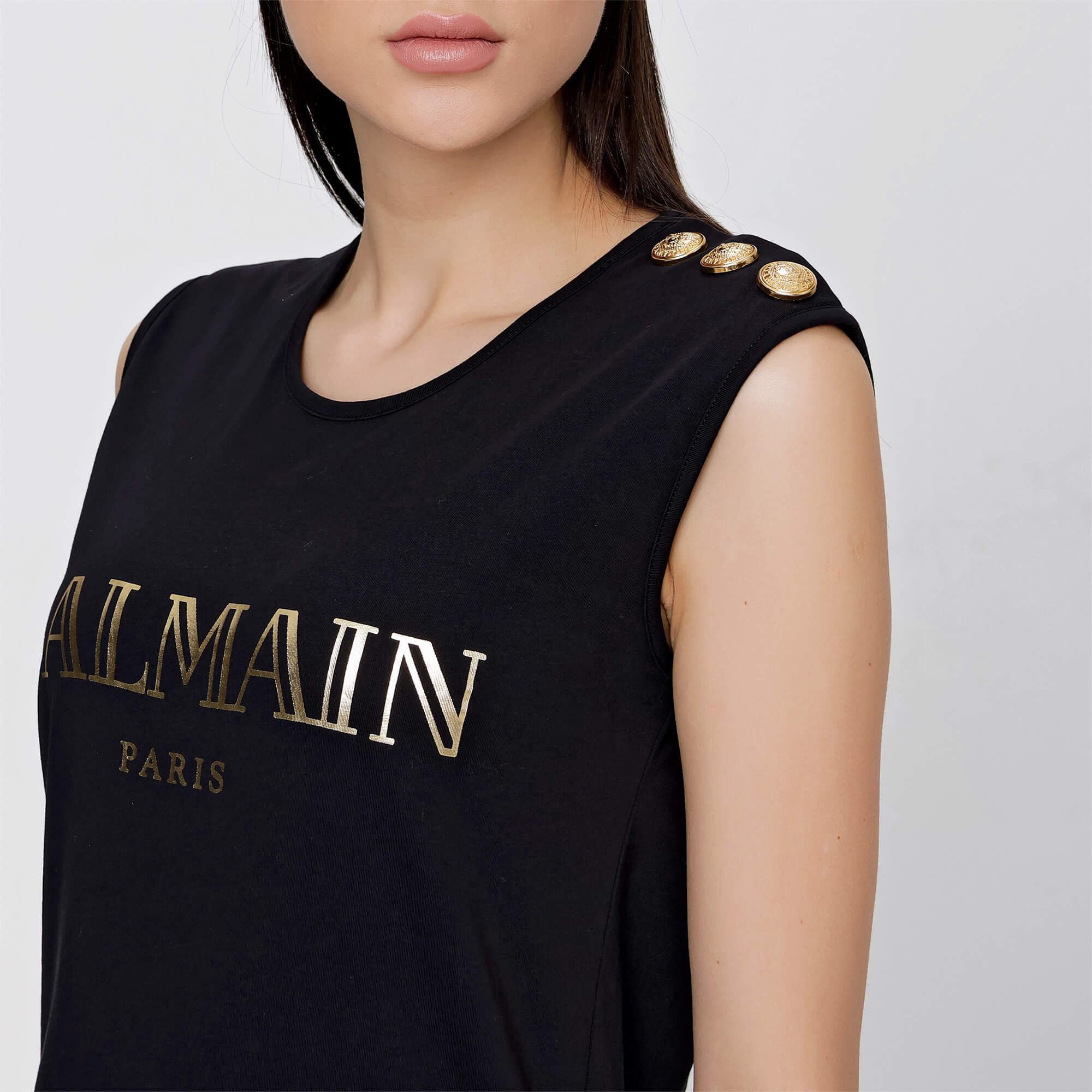 Balmain - Black Gold Tone Balmain Logo Sleeveless T-shirt